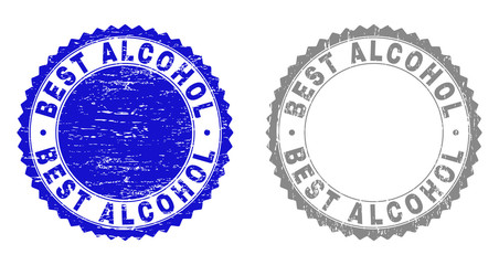 Grunge BEST ALCOHOL stamp seals isolated on a white background. Rosette seals with grunge texture in blue and grey colors. Vector rubber imprint of BEST ALCOHOL text inside round rosette.