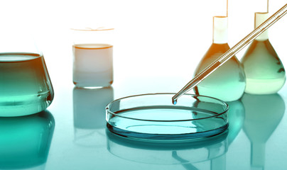 Laboratoy glassware with chemicals, chemistry science - obrazy, fototapety, plakaty
