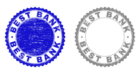 Grunge BEST BANK stamp seals isolated on a white background. Rosette seals with grunge texture in blue and grey colors. Vector rubber imitation of BEST BANK label inside round rosette.