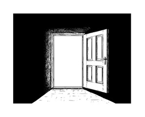 Cartoon doodle drawing illustration of open wooden decision door and light coming from it.