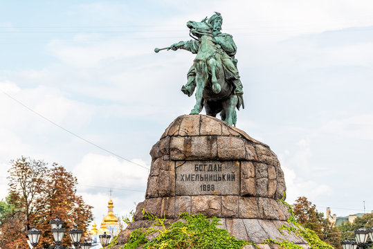 Kyiv, Ukraine view of old historic Kiev city in Podil with bohdan khmelnytsky monument and sign