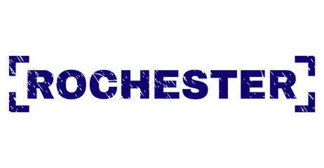 ROCHESTER caption seal print with corroded style. Text caption is placed between corners. Blue vector rubber print of ROCHESTER with grunge texture.