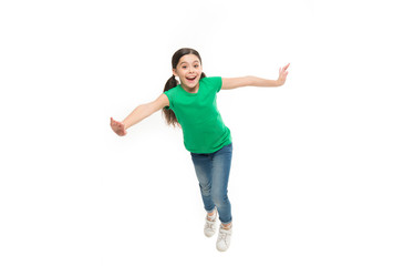 Rules to keep kids active. Girl cute child with long hair feeling awesome active. Leisure and activity. Active game for children. Kid captured in motion. How raise active kid. Free and full of energy