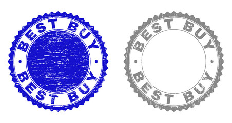Grunge BEST BUY stamps isolated on a white background. Rosette seals with grunge texture in blue and grey colors. Vector rubber imprint of BEST BUY text inside round rosette.