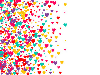 Fototapeta premium Candy of red, yellow, blue and purple hearts on a white background. Flying confetti from hearts. Valentine's day card.