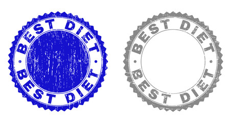 Grunge BEST DIET stamp seals isolated on a white background. Rosette seals with grunge texture in blue and gray colors. Vector rubber imprint of BEST DIET text inside round rosette.