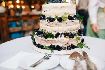 Delicious white wedding cake with blueberries and mint stands on the dinner table