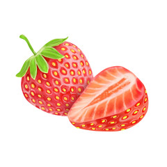 Strawberry isolated on white background. Set of whole and cut strawberry fruits isolated on white background with clipping path. Watercolor. Illustration. Template. Hand drawing. Close-up. Clip art. 