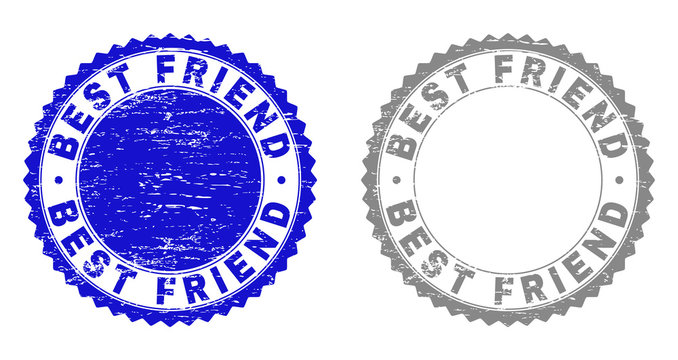 Grunge BEST FRIEND stamp seals isolated on a white background. Rosette seals with grunge texture in blue and grey colors. Vector rubber overlay of BEST FRIEND label inside round rosette.
