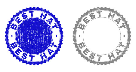 Grunge BEST HAT stamp seals isolated on a white background. Rosette seals with grunge texture in blue and grey colors. Vector rubber watermark of BEST HAT text inside round rosette.