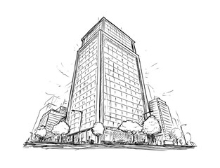 Cartoon architectural drawing sketch illustration of city street with high rise building.