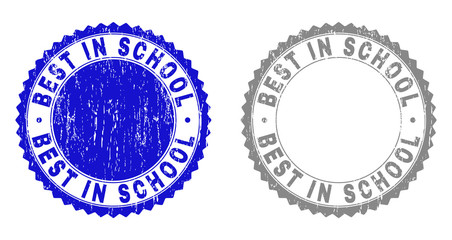 Grunge BEST IN SCHOOL stamp seals isolated on a white background. Rosette seals with grunge texture in blue and gray colors. Vector rubber overlay of BEST IN SCHOOL caption inside round rosette.