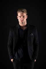 Obraz premium Feeling confident. Male beauty and masculinity. Guy attractive stylish confident model. Confident in his style. Man in dark clothes. Real macho. Man handsome well groomed macho on black background