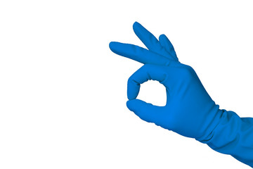 Close up view of human hand with rubber glove showing ok isolated on white background.