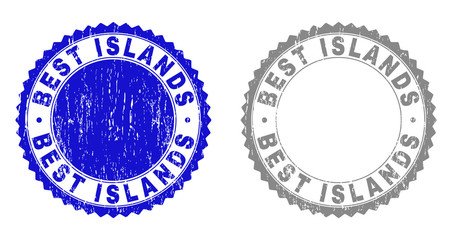 Grunge BEST ISLANDS stamp seals isolated on a white background. Rosette seals with grunge texture in blue and grey colors. Vector rubber imitation of BEST ISLANDS tag inside round rosette.