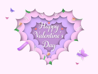 Obraz na płótnie Canvas Valentine's Day layered 3d background with heart shaped clouds, spring flowers, tulips, branches, green leaves, butterflies, ribbon. Pink and purple pastel colored paper cut frame. Vector Illustration