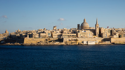 View of Valletta as seen from Tigne point in Sliema, late afternoon warm light.