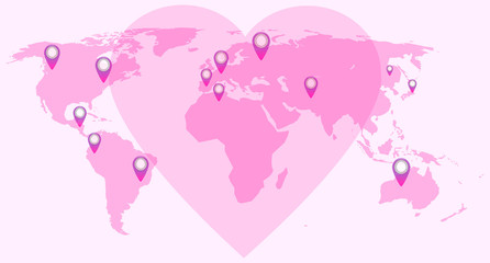 Love, hearts. Valentines day. World map in pink with all continents. Gps tags at different points on the map.