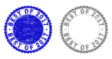 Grunge BEST OF 2017 stamp seals isolated on a white background. Rosette seals with grunge texture in blue and grey colors. Vector rubber imprint of BEST OF 2017 text inside round rosette.