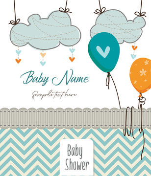 Colorful pistachio  and orange balloons and lovely skies baby shower invitation / Cute Baby arrival greeting card 