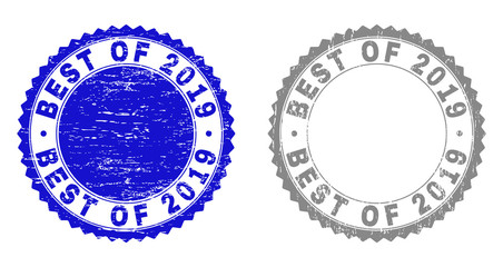 Obraz premium Grunge BEST OF 2019 stamp seals isolated on a white background. Rosette seals with distress texture in blue and gray colors. Vector rubber imprint of BEST OF 2019 caption inside round rosette.