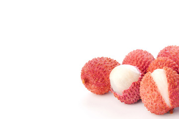 Fresh lychee the skin is cut, whole isolated on white background. Clipping Path