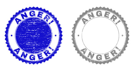 Grunge ANGER! stamp seals isolated on a white background. Rosette seals with grunge texture in blue and grey colors. Vector rubber overlay of ANGER! title inside round rosette.