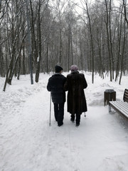 Fototapeta na wymiar An elderly couple walks through the winter forest. Respect and support.