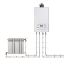 Gas boiler and heater radiator with pipelines for house - front view. Heating system.