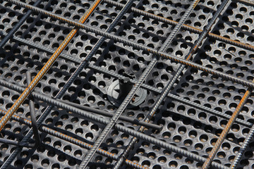 Part of the structural element of the reinforcement. Concrete work. Construction site. Construction of a new building.