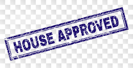 HOUSE APPROVED stamp seal print with rubber print style and double framed rectangle shape. Stamp is placed on a transparent background.