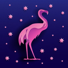 Flamingo bird silhouette. Vector paper cut style animal illustration, kawaii 3D illustration on night sky background