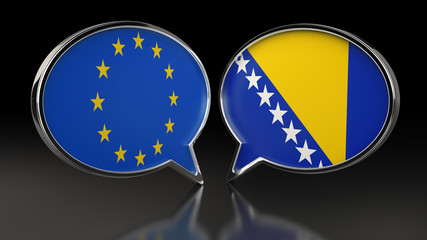 European Union and Bosnia and Herzegovina flags with Speech Bubbles. 3D illustration
