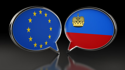European Union and Liechtenstein flags with Speech Bubbles. 3D illustration