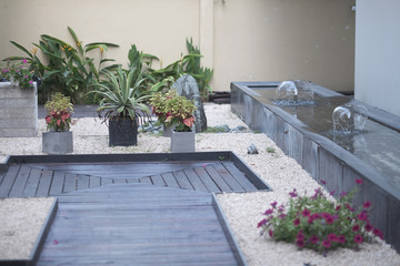 Recreation area with ornamental plants and a pool with fountains in the hotel. Vietnam
