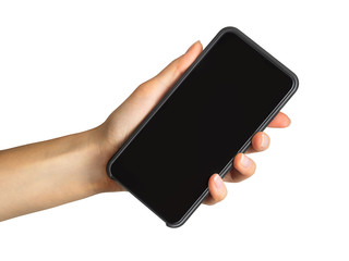 Women's hand showing black smartphone, concept of mobile shopping