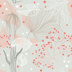 Seamless floral pattern with leaves and berries