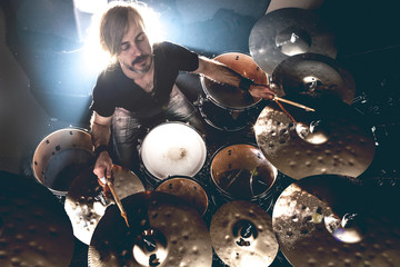  Live music and rock band on stage.Music background. Playing drum and music concert concept.