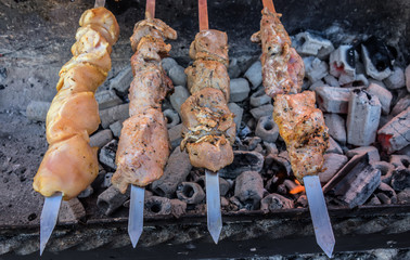 Skewers with pieces of mutton meat lie on the grill