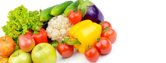 Fruits and vegetables isolated on a white background. Wide photo.