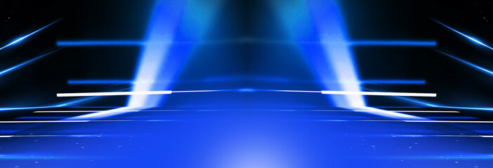Abstract blue neon background with rays and lines.