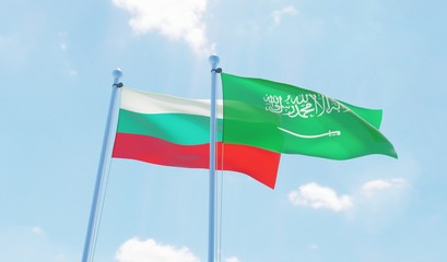 Saudi Arabia and Bulgaria, two flags waving against blue sky. 3d image