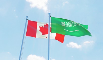 Saudi Arabia and Canada, two flags waving against blue sky. 3d image