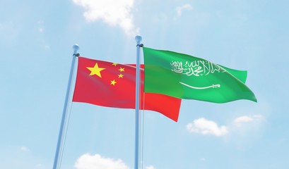 Saudi Arabia and China, two flags waving against blue sky. 3d image