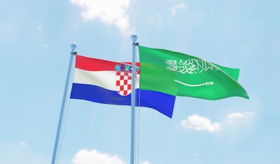 Saudi Arabia and Croatia, two flags waving against blue sky. 3d image