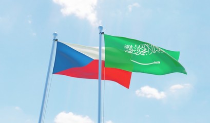 Saudi Arabia and Czech Republic, two flags waving against blue sky. 3d image