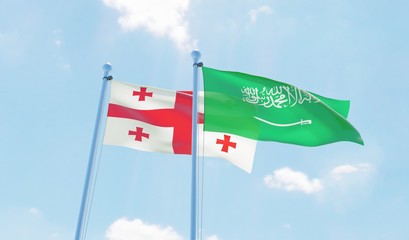 Saudi Arabia and Georgia, two flags waving against blue sky. 3d image
