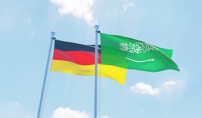 Saudi Arabia and Germany, two flags waving against blue sky. 3d image