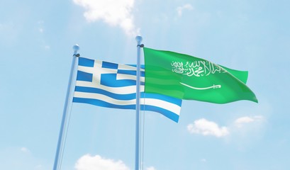Saudi Arabia and Greece, two flags waving against blue sky. 3d image