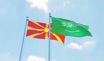 Saudi Arabia and Macedonia, two flags waving against blue sky. 3d image